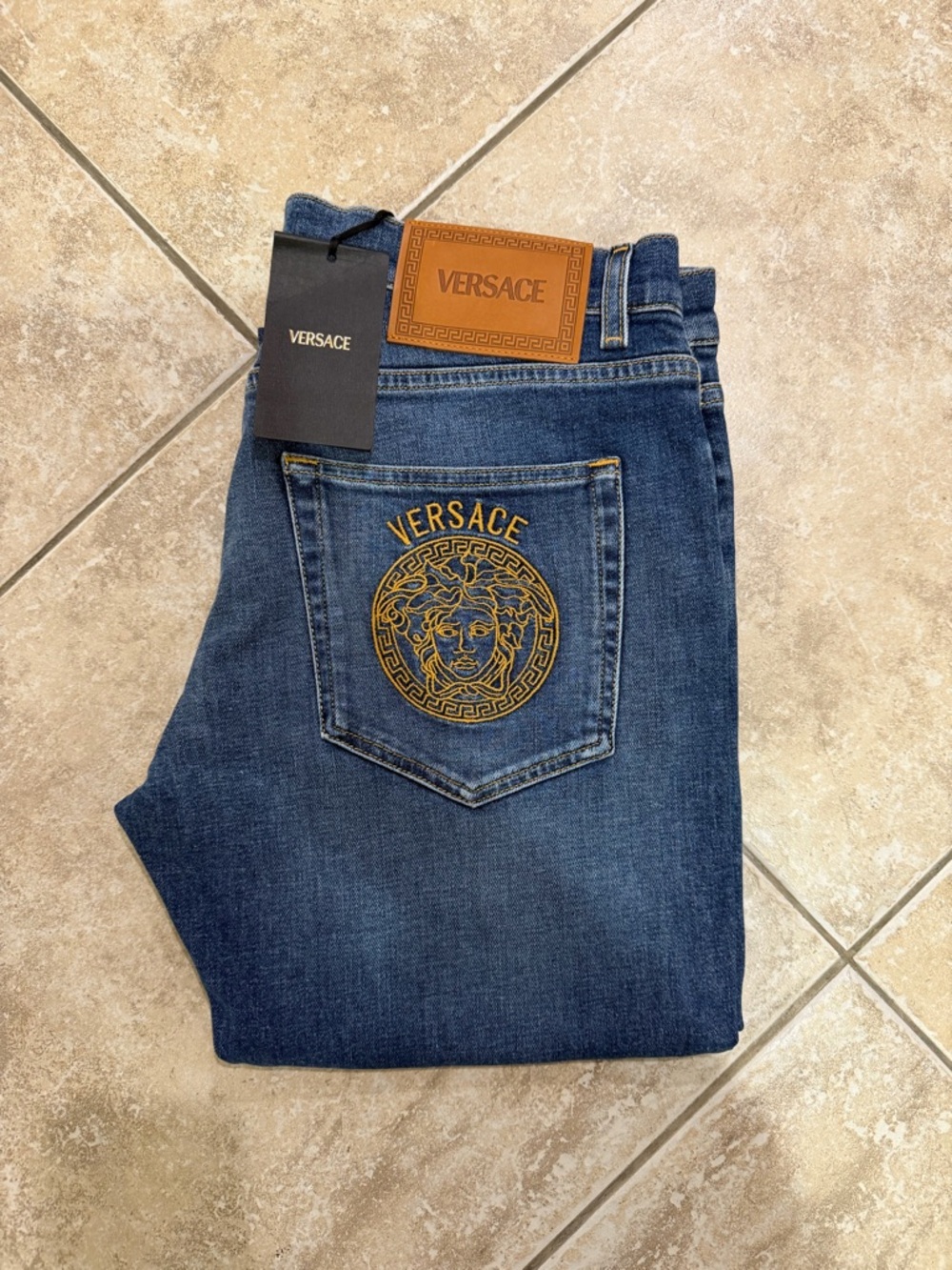 Versace Medusa Embroidered Skinny Slim Jeans Blue Wash Gold Hardware Size 36 New